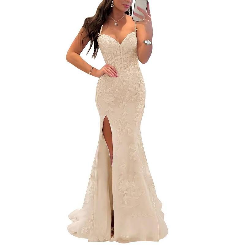 Roupas femininas Decote em coração Renda Apliques Vestido de baile Longo Azul Sereia Tule Bodycon Vestido de noite_voghion.com