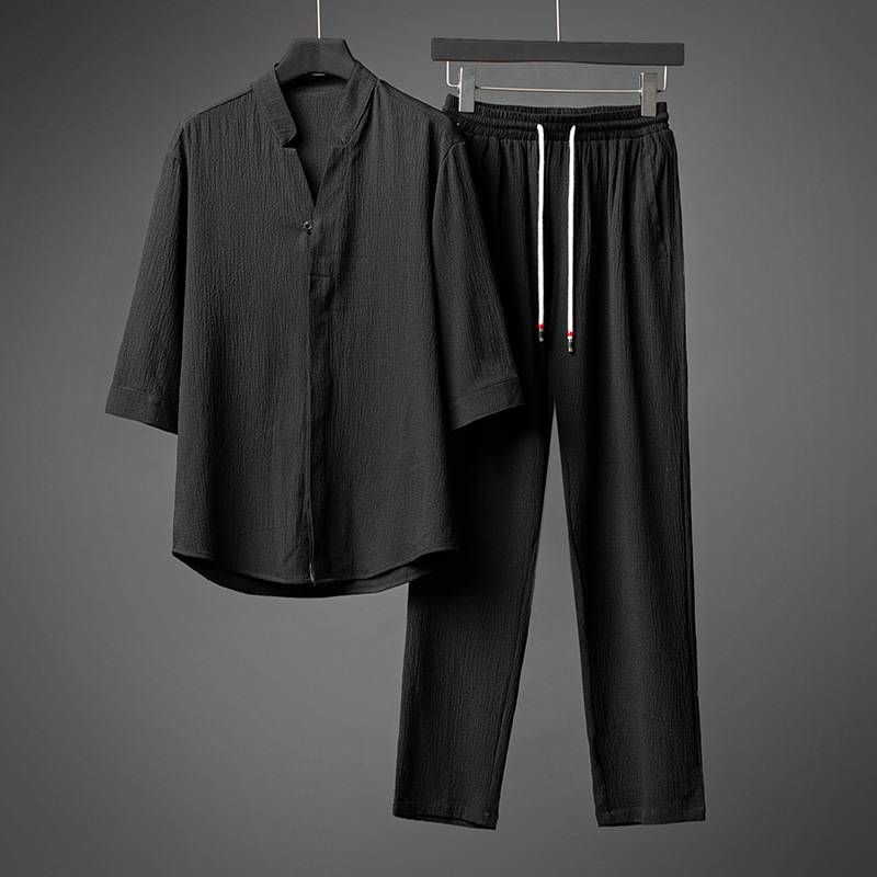 Men's Clothing Summer Thin Casual Ice Silk Short-sleeved T-shirt Large Size Breathable V-neck Shirt Two-piece Set_voghion.com