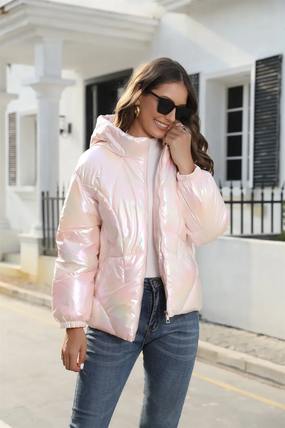 Fashionable bright cotton jacket hooded bread jacket warm cotton jacket_voghion.com