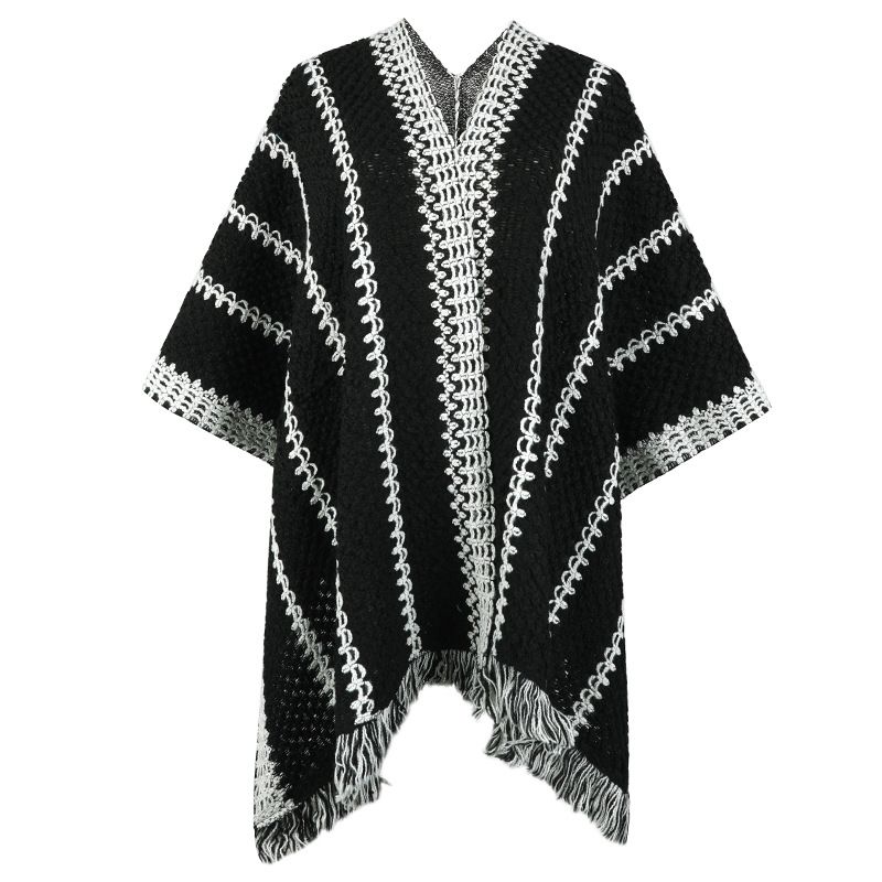 Bump color check lady fringe cape scarf Knitted shawl woman_voghion.com