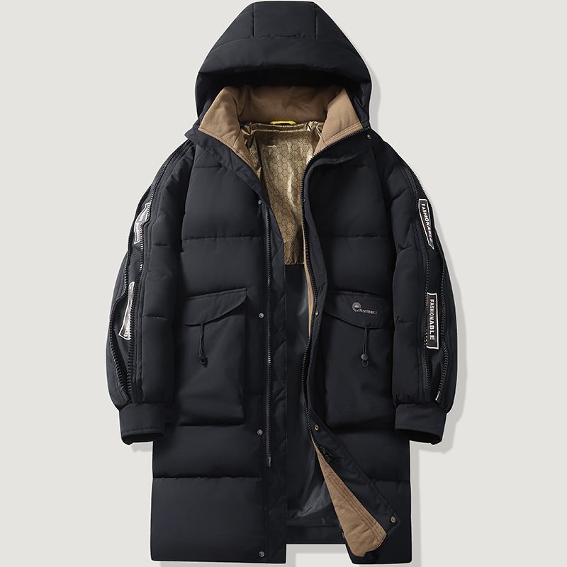 Cappotto invernale lungo con cappuccio – Parka slim fit foderato in pile con cintura, velluto a coste misto lana (M-4XL, nero/kaki)_voghion.com