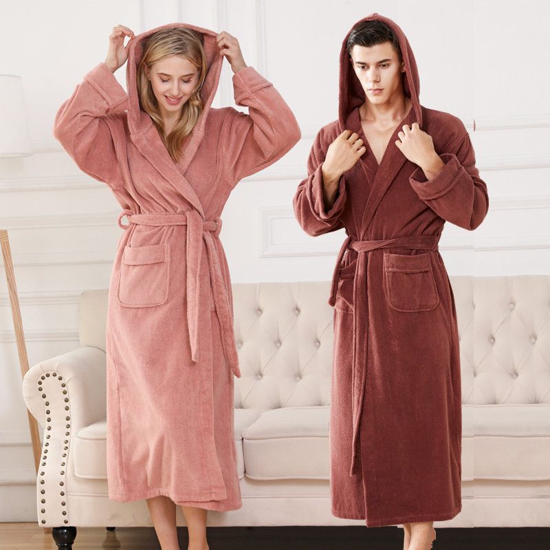 Thickened And Lengthened Pure Cotton Bathrobe Towel Material Hooded Style Bathrobe Hotel Double Sided Terry Robe Couple Pajamas_voghion.com