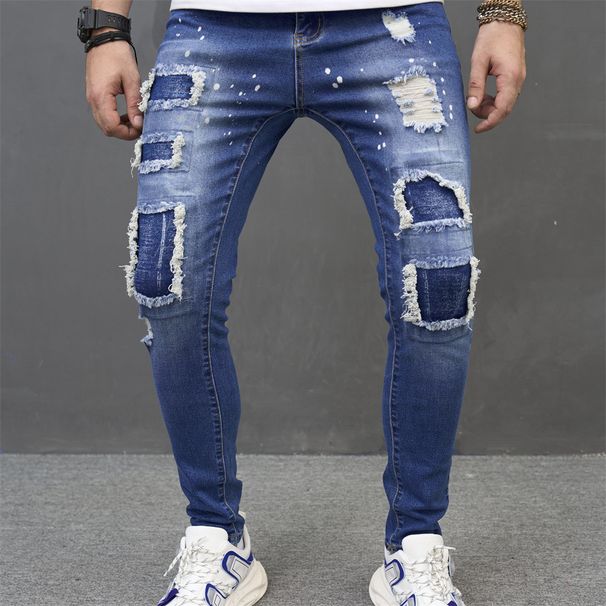 Jeans costurado tecido patch irregular calças plissadas tendência estilo clássico masculino_voghion.com