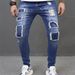 Jeans costurado tecido patch irregular calças plissadas tendência estilo clássico masculino_voghion.com