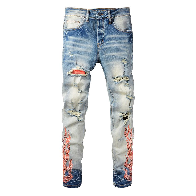 Street Trendy Patched Jeans Men's Pants High Street Trendy Men's Printed Slim Fit Elastic Men's Shorts 836_voghion.com