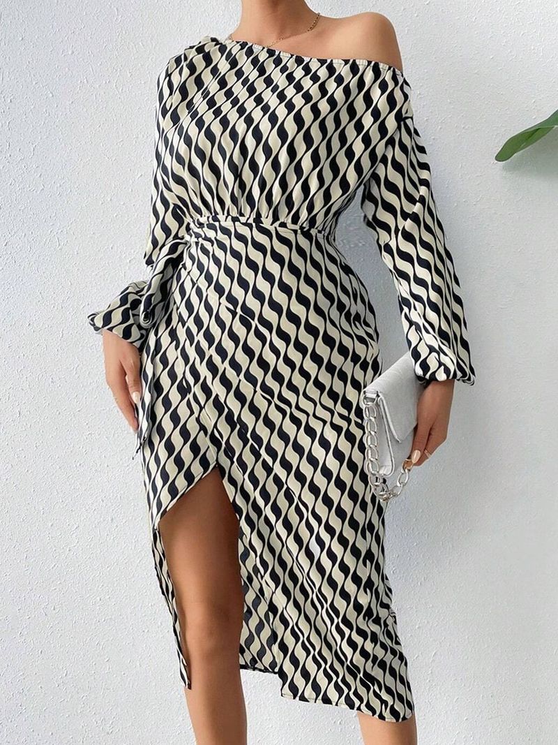 Falda de cintura media alta con puños elásticos y aberturas a rayas para primavera, verano, otoño e invierno_voghion.com