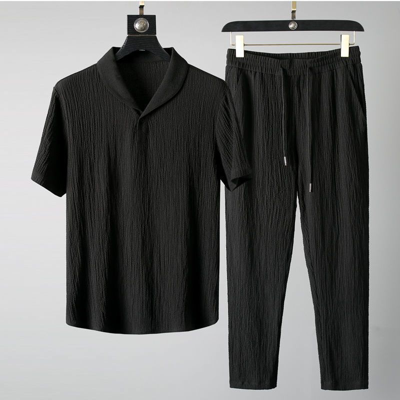 Custom Hot Sale Men Set Summer New Thin Sports Suit Men's Fashion Short-sleeved Shirt Trousers 2 Piece Set408_voghion.com
