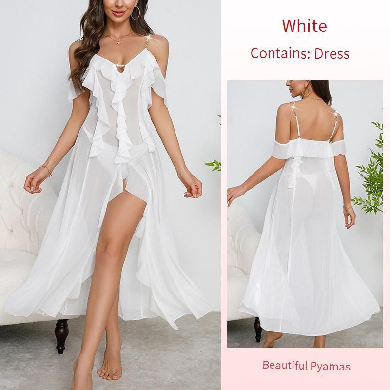 Sheer Mesh Backless Nightgown For Women - Elegant Ruffle Hem Camisole Dress With Adjustable Straps & Breathable Polyester_voghion.com