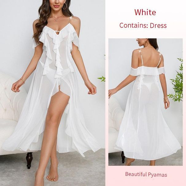 Sheer Mesh Backless Nightgown For Women - Elegant Ruffle Hem Camisole Dress With Adjustable Straps & Breathable Polyester_voghion.com