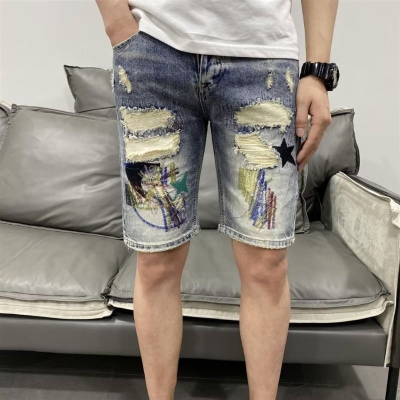 Men's Clothing Fashionable And Stylish Personalized Embroidered Denim Shorts Slim Fitting Skinny Pants Summer Thin Style Ripped Shorts_voghion.com