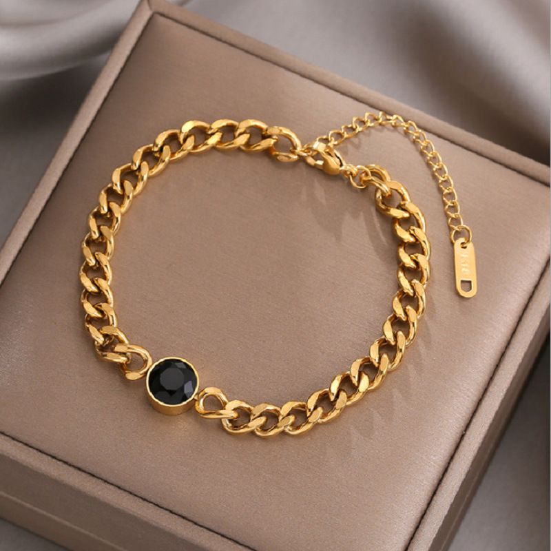 European and American fashion simple niche round cut black diamond connecting chain metal punk retro style titanium steel bracelet_voghion.com