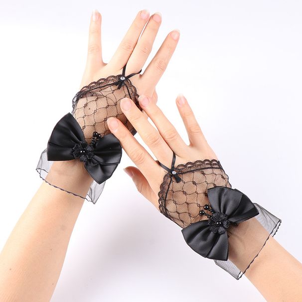 Brautkleid, kurze fingerlose Lolita-Handschuhe aus schwarzer Netzspitze und Schleife_voghion.com