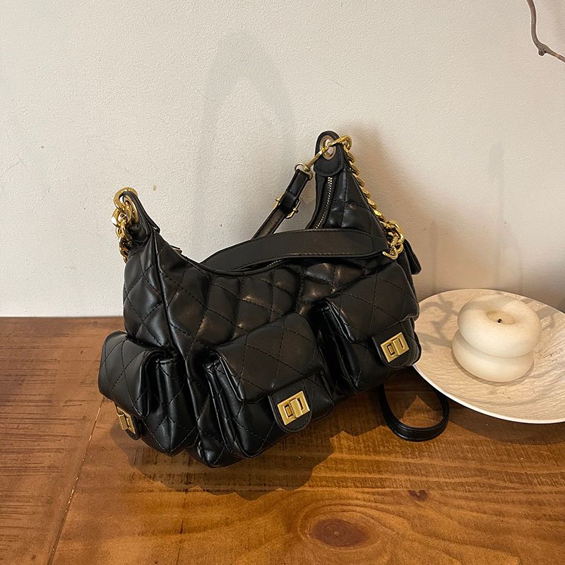 Borsa a tracolla con catena nera, motivo geometrico scozzese, nuova borsa a tracolla da donna con cerniera, primavera 2025, per moto_voghion.com