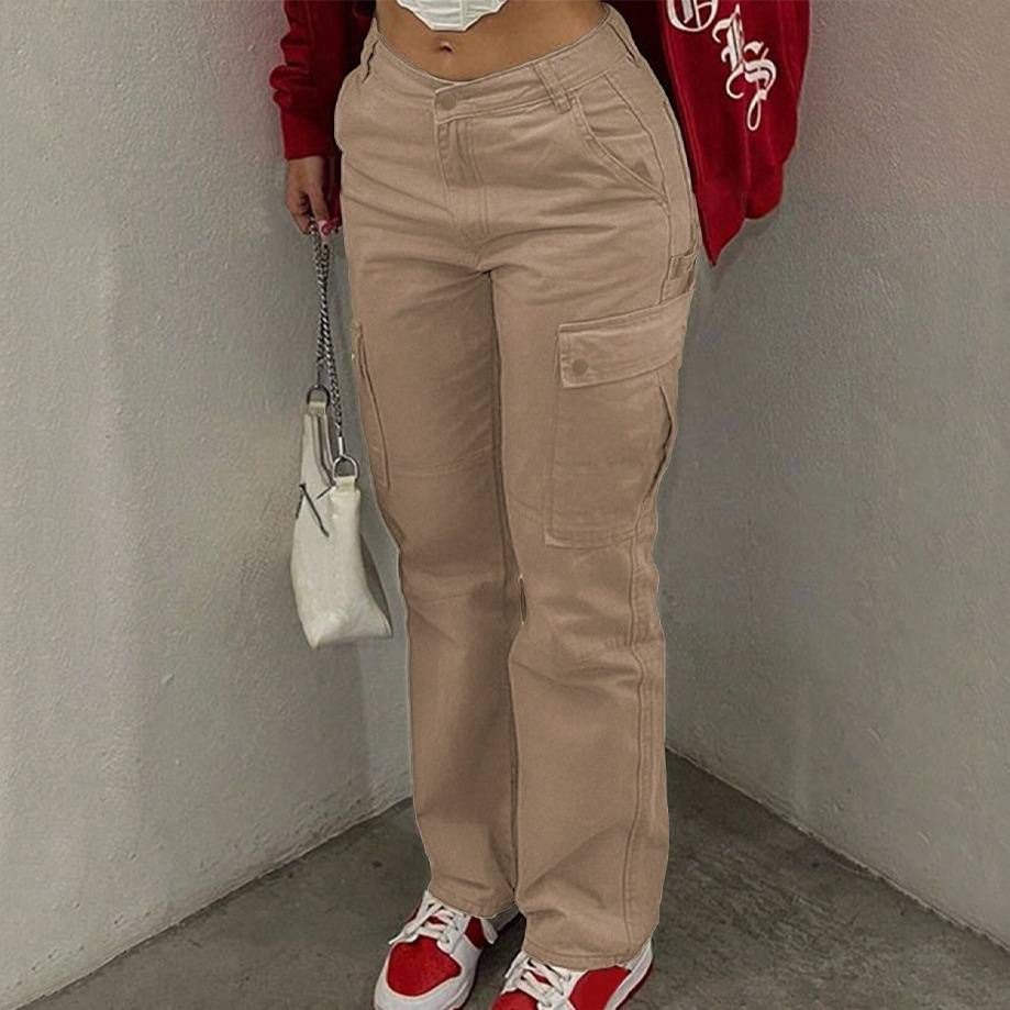 Ropa de mujer Pantalones vaqueros grises rectos con múltiples bolsillos_voghion.com