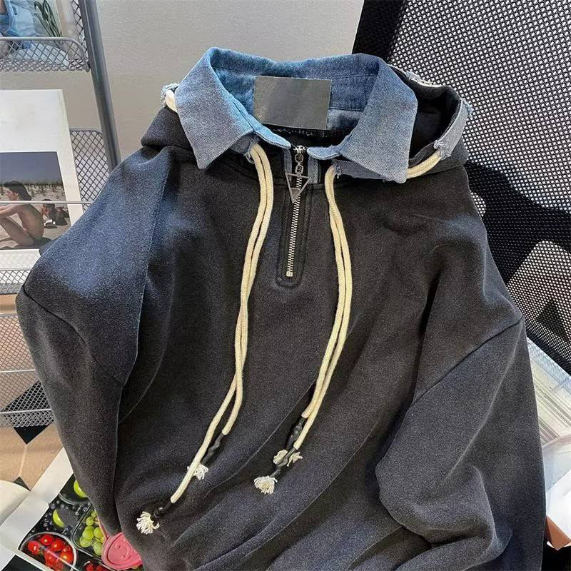 Abbigliamento da uomo Felpa con cappuccio in denim fresco con cuciture High Street Nuovo stile Giacca in due pezzi lavata in vecchio stile_voghion.com