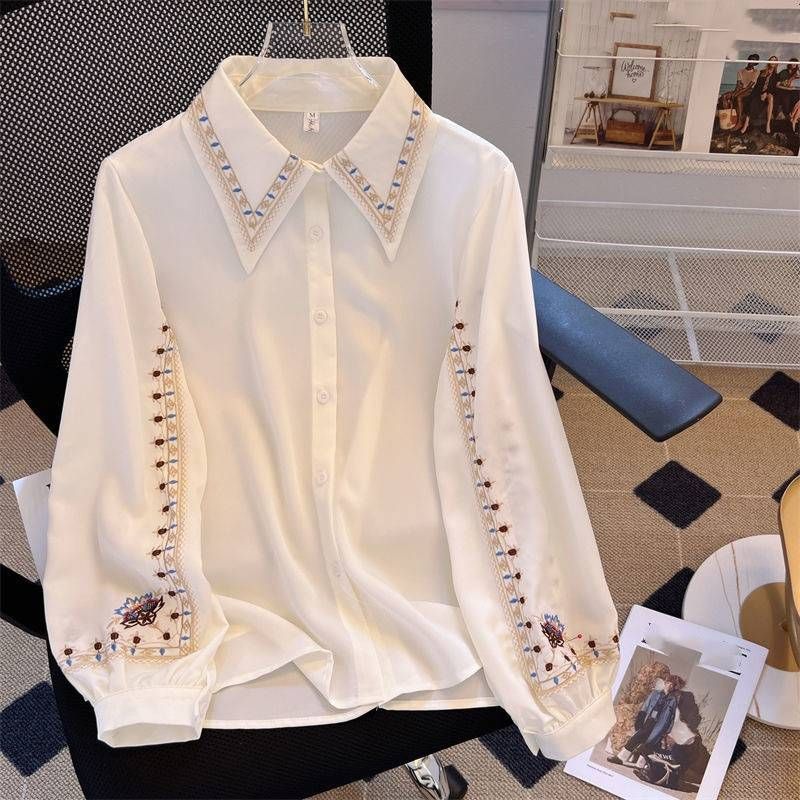 Women's Clothing Embroidered Long Sleeved White Shirt For Women New Spring And Autumn Design Niche Fashion Retro Temperament Versatile Shirt Tops_voghion.com