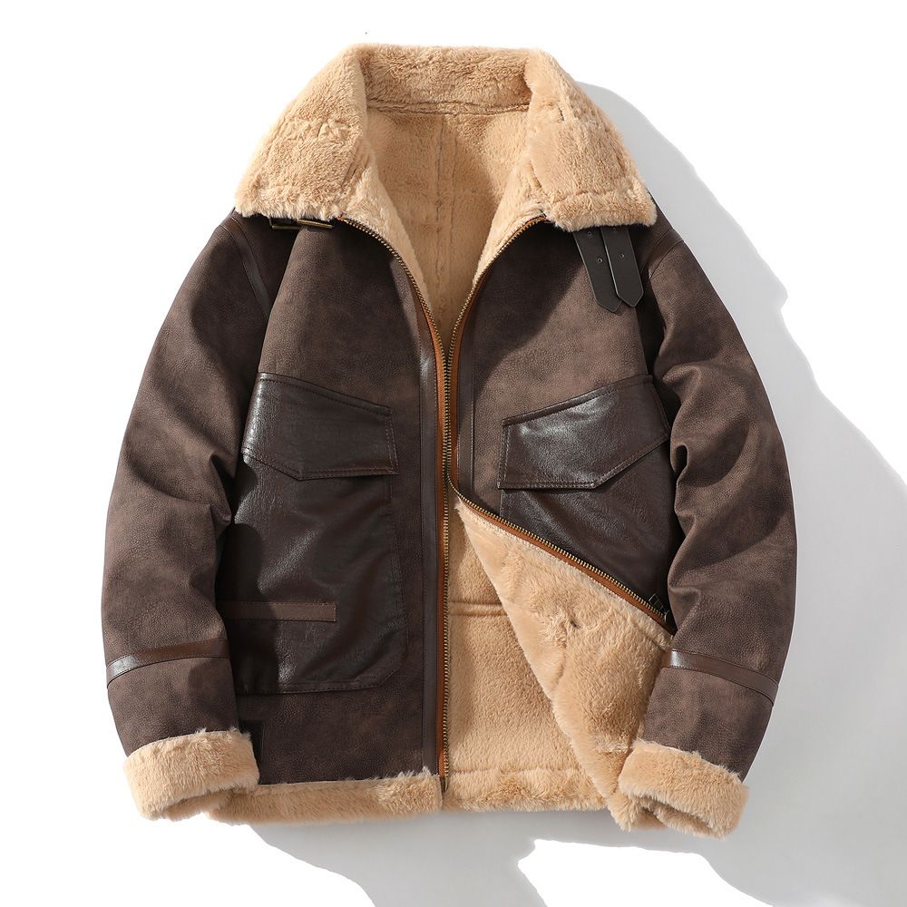 Men's Winter Fleece-Lined Jacket – Faux Shearling Trim, Slim Fit (Dark Brown, M-5XL)_voghion.com
