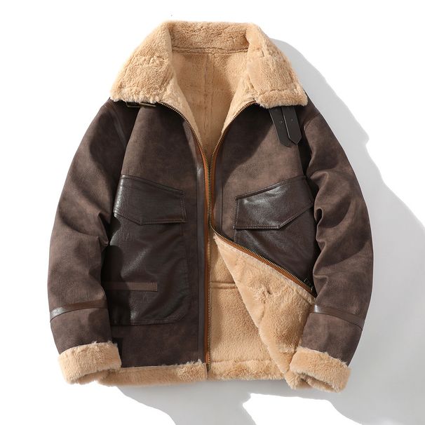 Men's Winter Fleece-Lined Jacket – Faux Shearling Trim, Slim Fit (Dark Brown, M-5XL)_voghion.com
