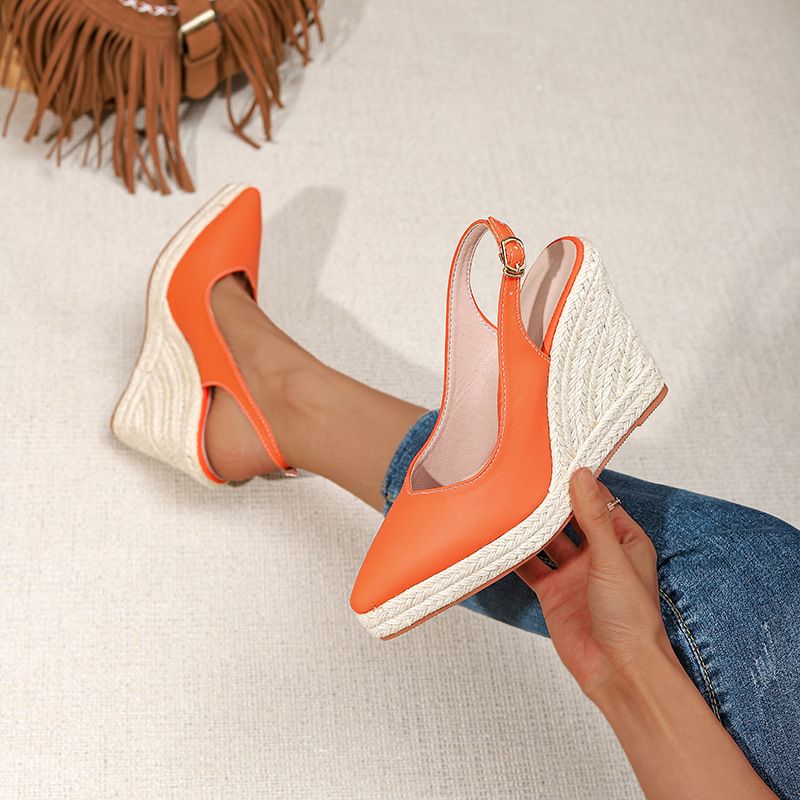 Chaussures pour femmes à talon compensé, semelle épaisse, talon haut, bout pointu, bout fermé, pantoufles, chaussures pour femmes avec boucle arrière, semelle en corde tressée en paille_voghion.com