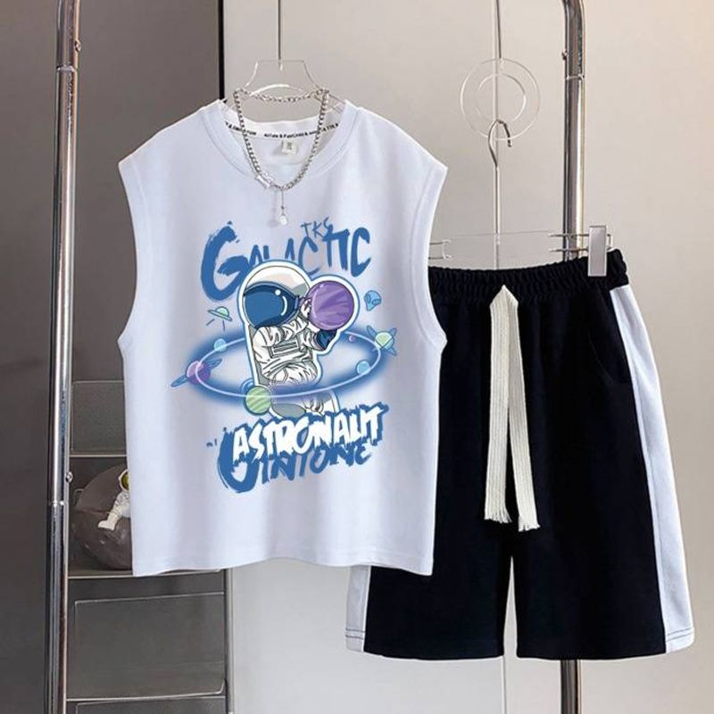 Nastolatkowie i chłopcy młodzi mężczyźni modna kamizelka z nadrukiem casual sport luźne spodenki garnitur dziecięcy bezrękawnik dwuczęściowy garnitur_voghion.com