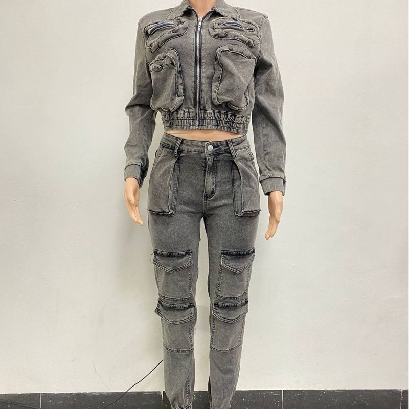 Dammekleeder Moud sexy héich elastesch Multi-Taschen gewäschten Denim Casual Kostüm zweedeelegt Kostüm_voghion.com