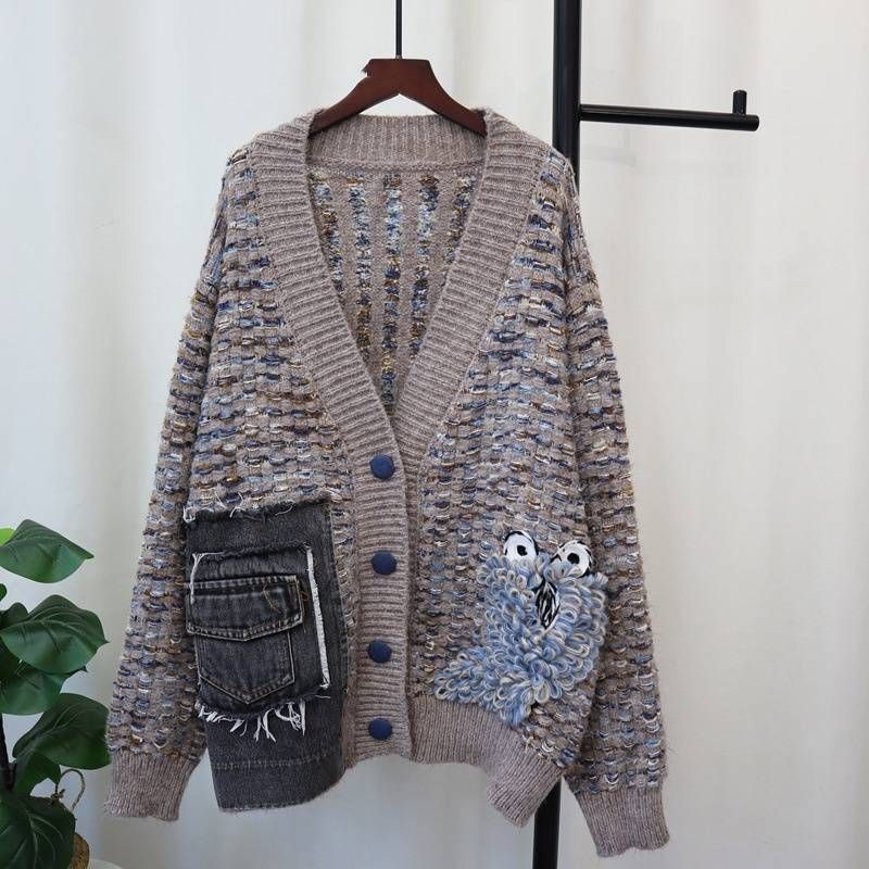 Women's Clothing V neck design loose sweater jacket splicing denim pocket knitted cardigan_voghion.com