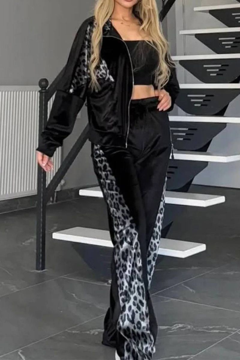 Damkläder Leopardtryck Kontrastbyxor Långärmad Hemkläder Kostym_voghion.com