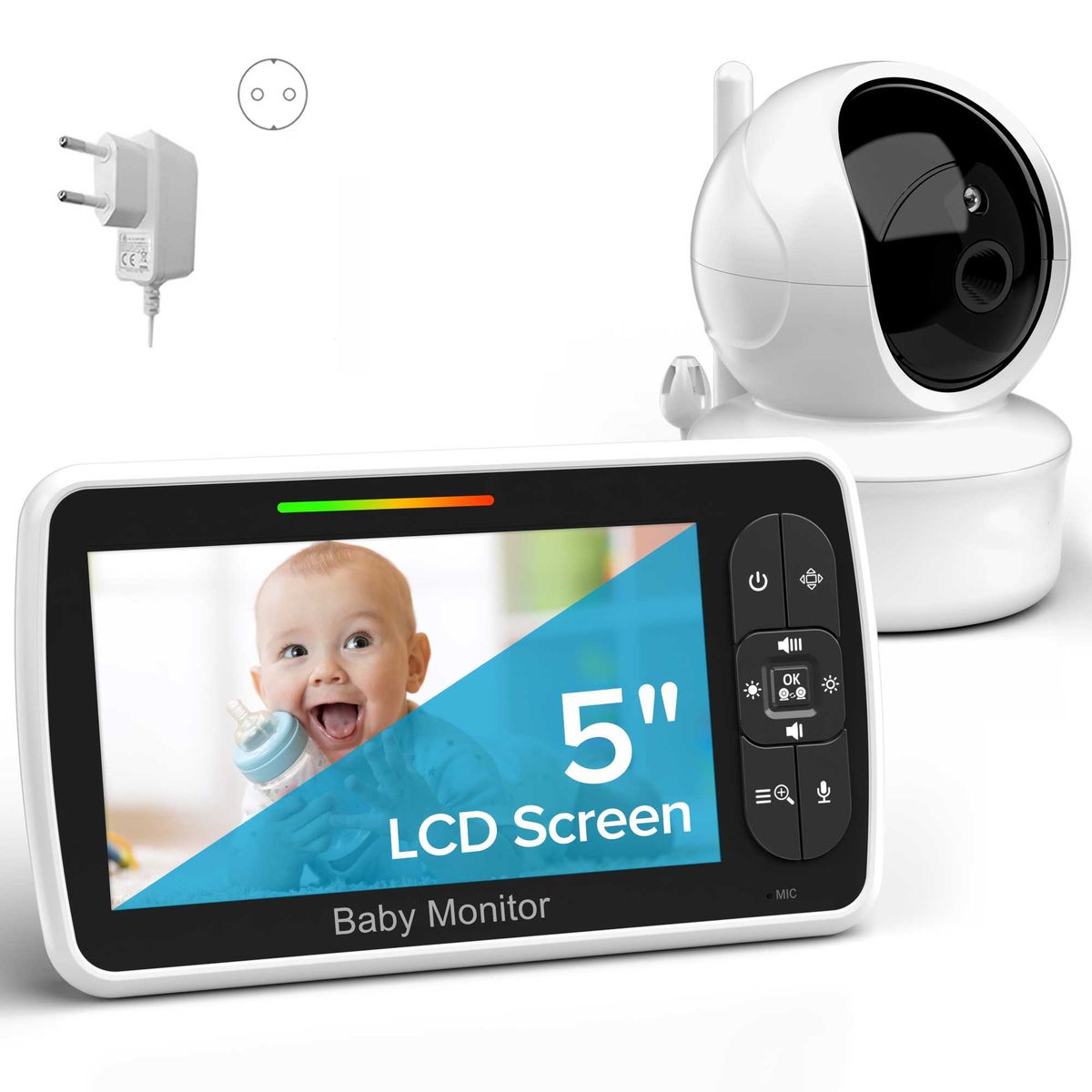 Monitor dla niemowląt bez Wi-Fi, 5-calowy ekran, bateria o żywotności 30 godzin, funkcja obrotu, pochylenia i zoomu, ulepszone wideo z kamerą i dźwiękiem, noktowizor, 8 kołysanek i zasięg 1000 stóp, wtyczka EU_voghion.com