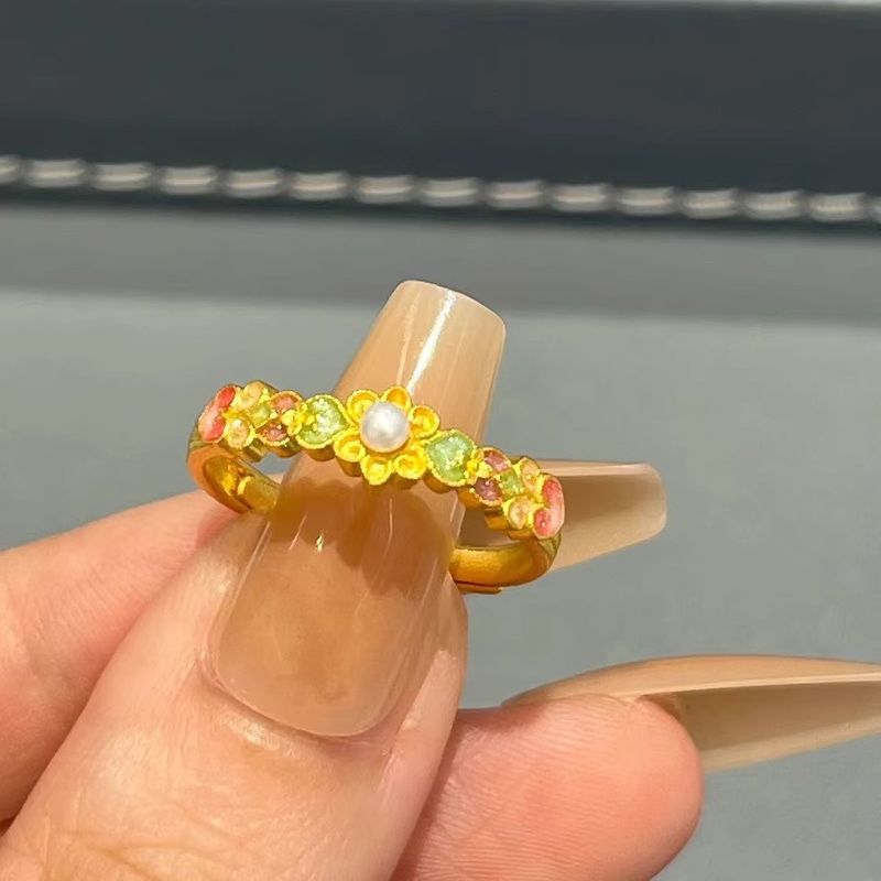 High-Value New Chinese Flowing Lotus Pearl For Women, Palace Style Enamel Color Light Luxury Open Ring_voghion.com