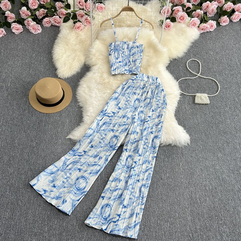 Sexy rückenfreie Damen-All-Match-Oberteile mit schmalen Hosenträgern und hoher Taille, Strandhose mit weitem Bein, zweiteilige Anzüge für Frauen im Urlaub am Meer_voghion.com