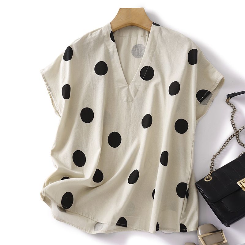 Maglietta a maniche corte con scollo a V e pois, casual e ampia, in cotone e lino, da donna_voghion.com