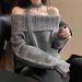 Maglione a spalle scoperte per donna coreano grigio autunno inverno alla moda versatile vestibilità ampia stile pigro bellissimo lavorato a maglia_voghion.com
