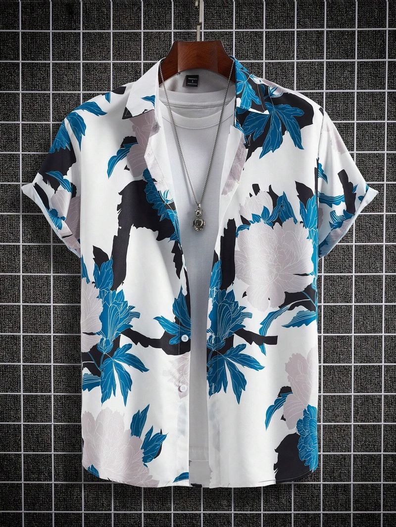 Herren Hawaiihemd mit lockerem Palmen-Blumendruckmuster, lässiges Kurzarmhemd mit Knöpfen_voghion.com