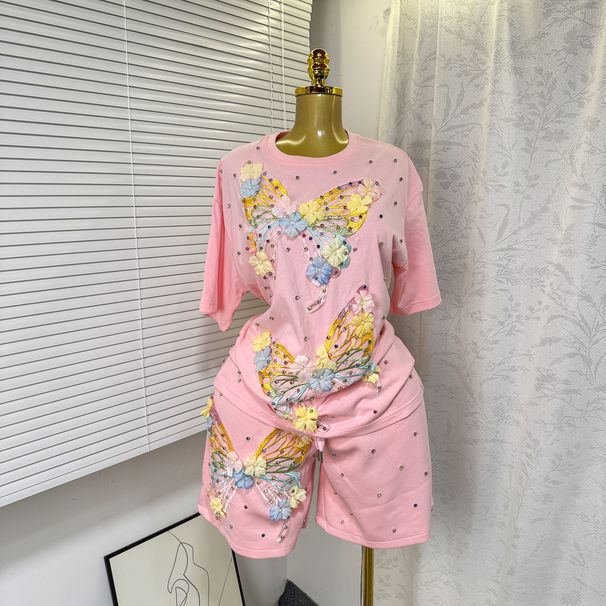Women's Clothing Fashion Suit Butterfly Diamond Short Sleeved T Shirt Top Elastic Waist Wide Leg Shorts Two Piece Suit_voghion.com