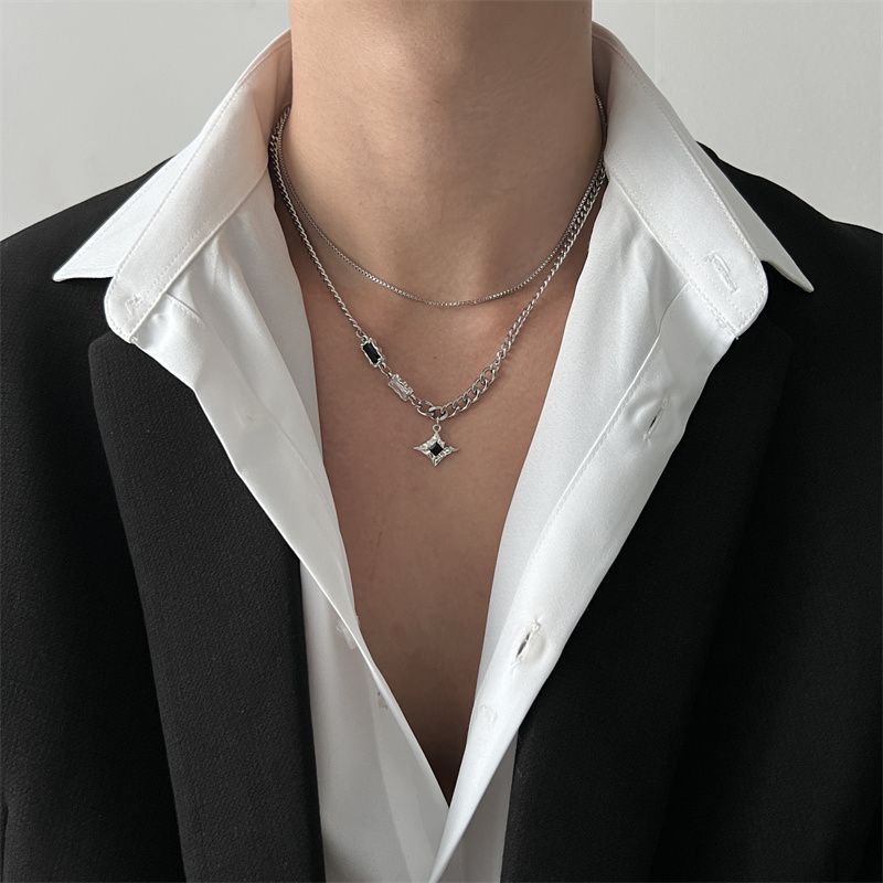 Collier étoile Mang double couche en zircon noir pour hommes Ins tendance et beau design de niche Hip Hop de haute qualité Nouveaux bijoux polyvalents_voghion.com