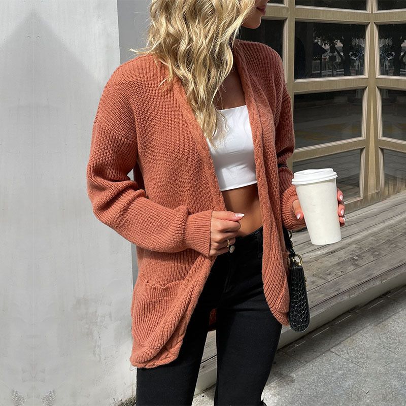 Cardigan maglione casual a maniche lunghe con tasca stile lungo in tinta unita_voghion.com