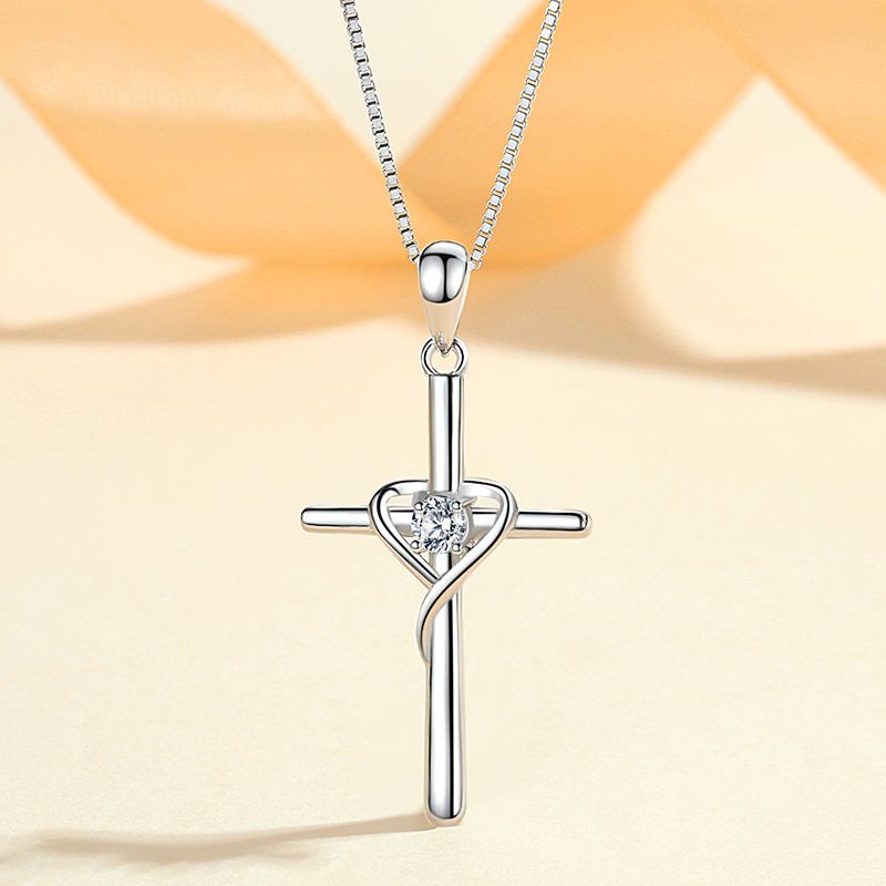 Ciondolo a croce in argento sterling con catena per clavicola, accessori di personalità retrò con 100 accessori_voghion.com