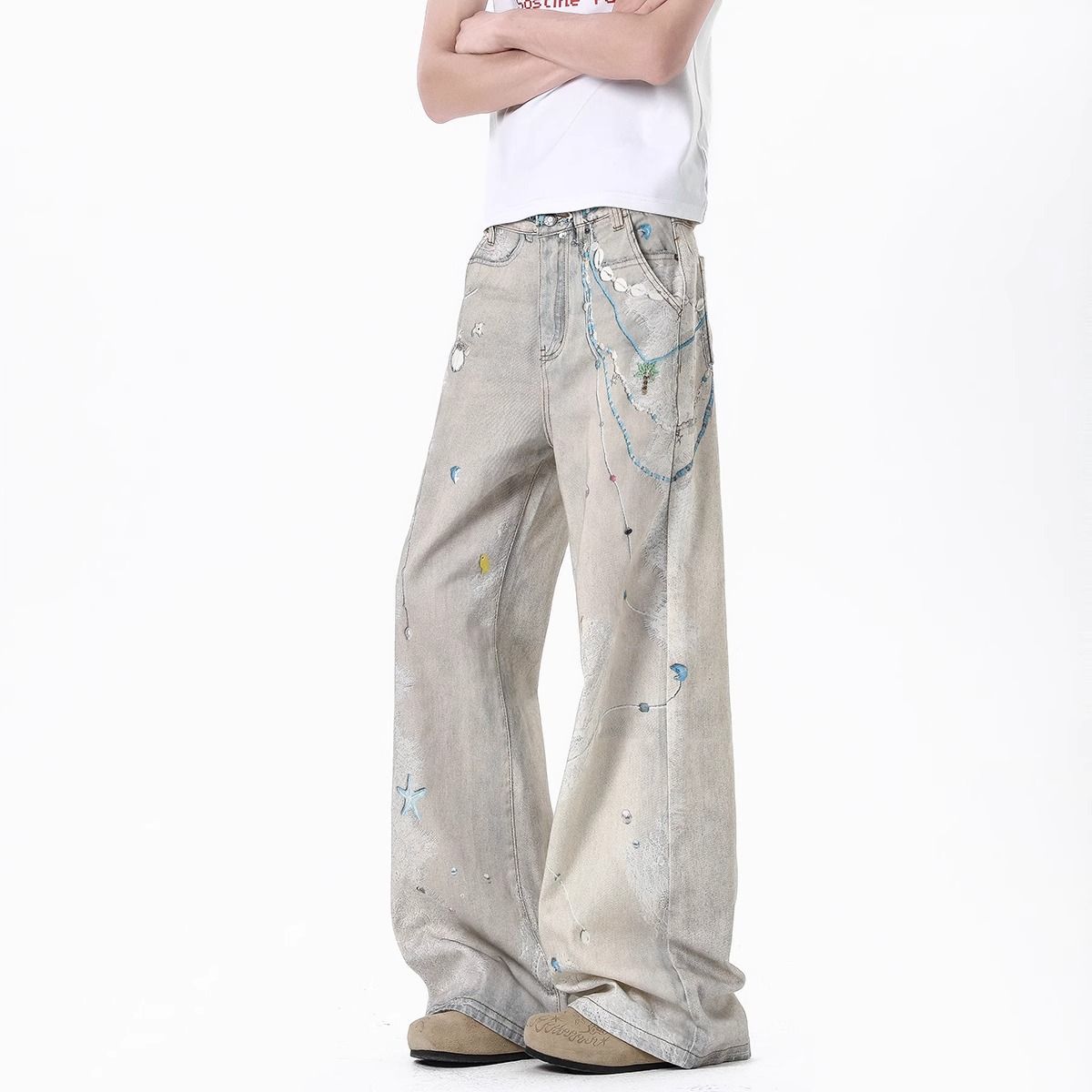 "Men's Distressed Print Jeans – Washed Denim With Chain & Lace Design (S-3XL)"_voghion.com