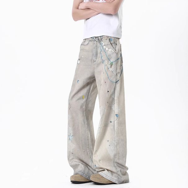 "Men's Distressed Print Jeans – Washed Denim With Chain & Lace Design (S-3XL)"_voghion.com