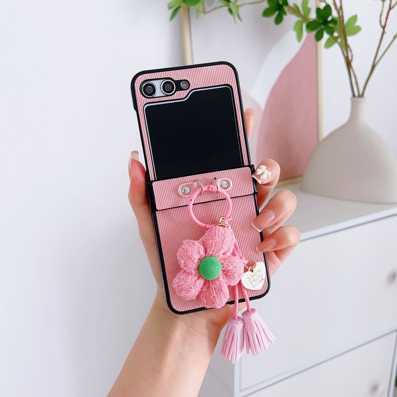 Korean style applicable leather pattern GalaxyZFlip3/4 mobile phone case Samsung zflip5 folding protective case flower pendant_voghion.com