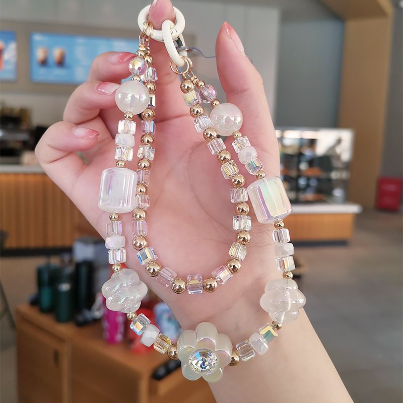 Mobile Phone Lanyard Short Handmad Wrist Bracelet Women's Clip Style Double Chain Crystal Beads Phone Case with Anti_voghion.com