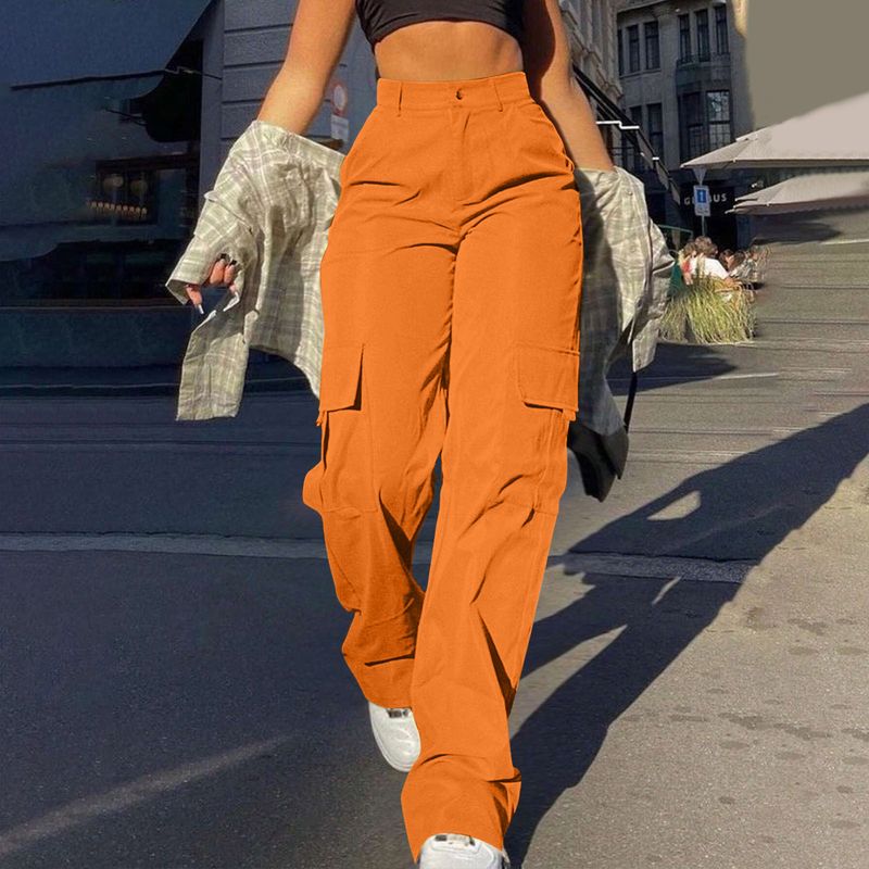 Abbigliamento da donna Street Fashion Multi tasche Tuta Pantaloni dritti Vita alta Tuta slim larga_voghion.com