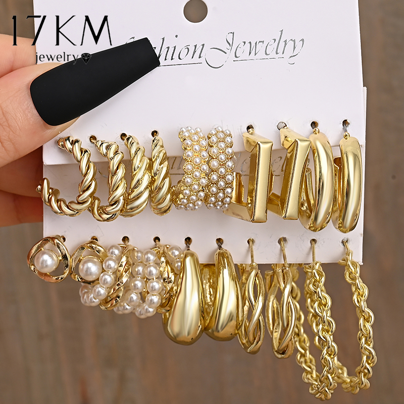 17KM Geometric Pearl Hoop Earrings for Women Metal Gold Color Dangle Earrings Set Hollow Circle Earrings Fashion Twist Jewelry_voghion.com