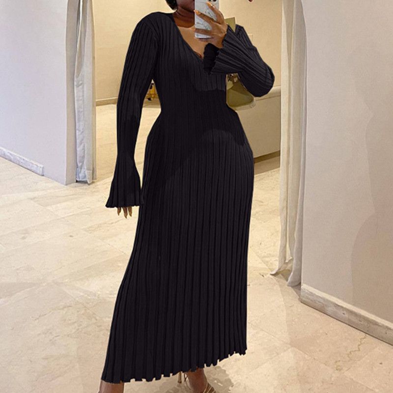 Abito in maglia stile abbigliamento da donna, vita casual, gonna lunga in maglia sottile con scollo a V, ampia striscia a fossa_voghion.com