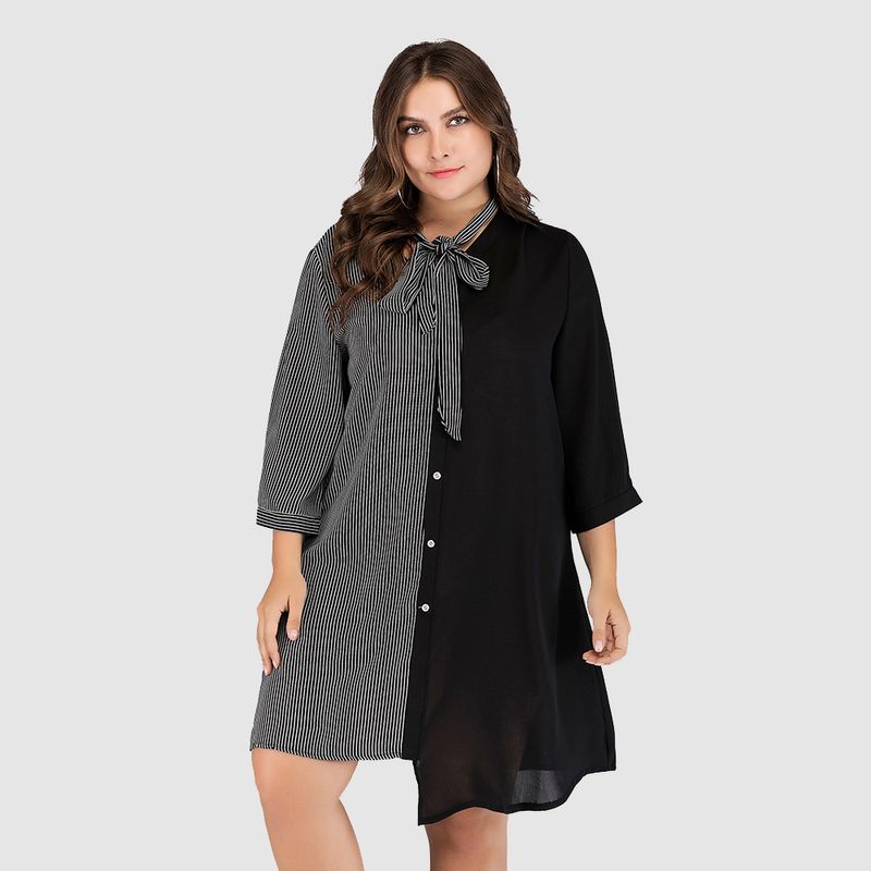 Spring and Autumn Large Women's Dress Spliced Irregular Dress Thin Cropped Sleeve Dress _voghion.com