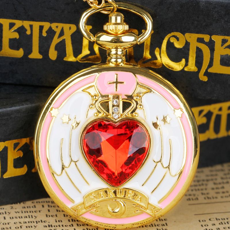 Rote Sakura-Animation-Cosplay-Uhr, Taschenuhr mit Kette und Halskette, Geschenke für Mädchen und Damen, Souvenir_voghion.com