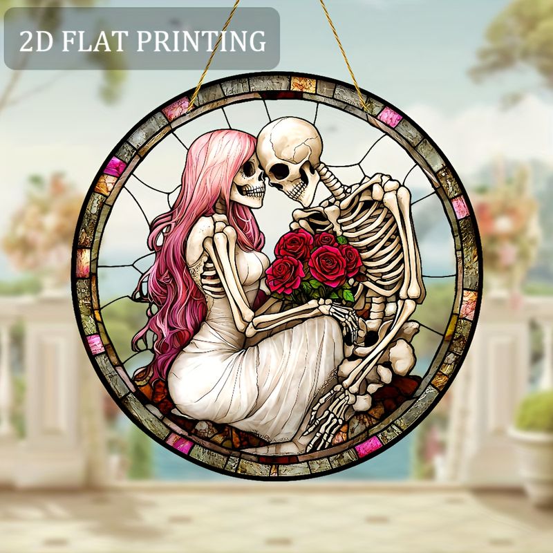 Romantischer Totenkopf-Duo-Sonnenfänger – 9-Zoll-Acrylkunst. Ausgefallene Valentinstagsdekoration für Garten oder Zuhause._voghion.com