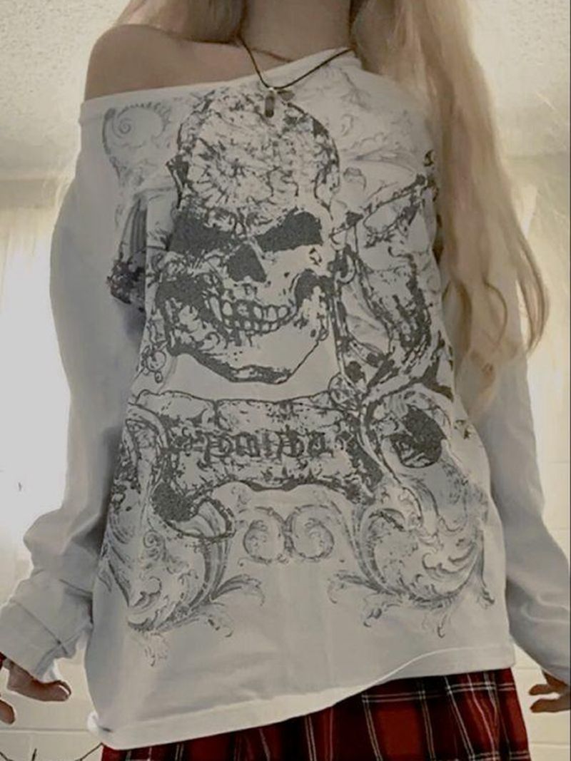 Combhasaki Damen-Tops im Y2K-Stil, Grunge-Feen-Design, modisch, Halloween, langärmelig, schulterfrei, Totenkopf-Print, lässig, Straßenparty, Fall390_voghion.com