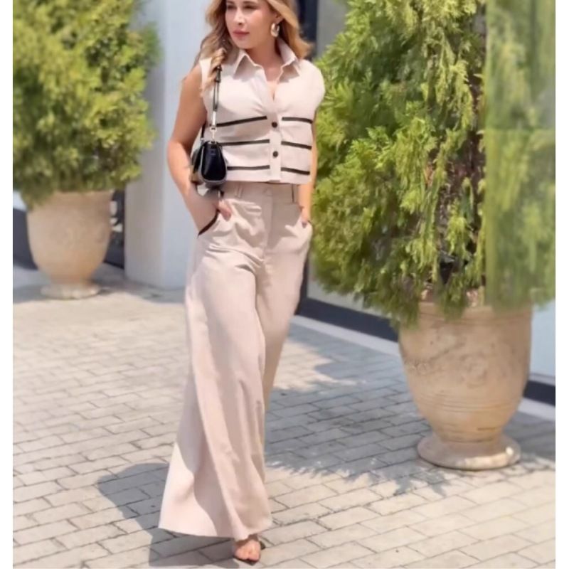 Women's Clothing New Fashion Contrast Color Short Sleeveless Tops Casual Wide Leg Pants Two Piece Set_voghion.com