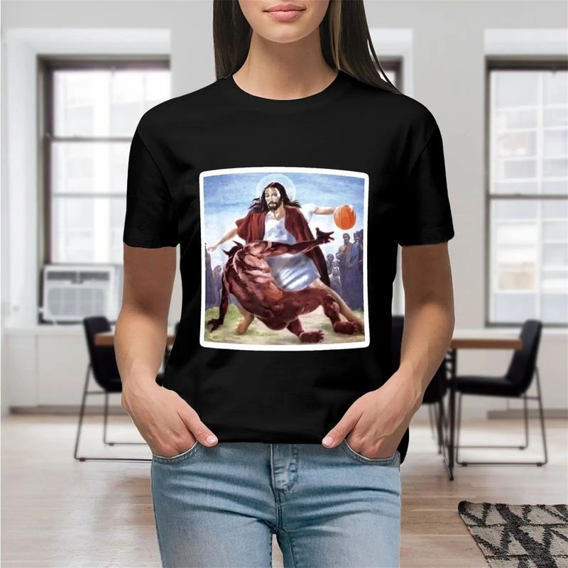 Jesus Crossing Up Satan Basketball On Women Print T Shirt Graphic Shirts Casual Short Sleeved Female Tee T-Shirt Size S-4XL._voghion.com